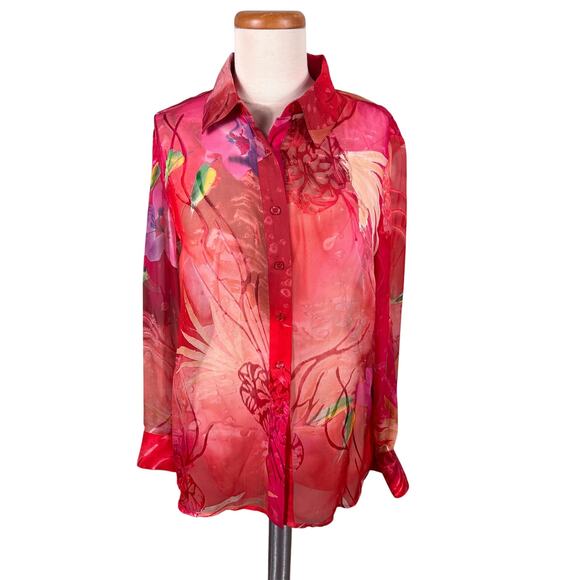 Chico's Women's Size 1 Medium Red Semi Sheer Silk Blend Long Sleeve Tops Blouse - Picture 1 of 11